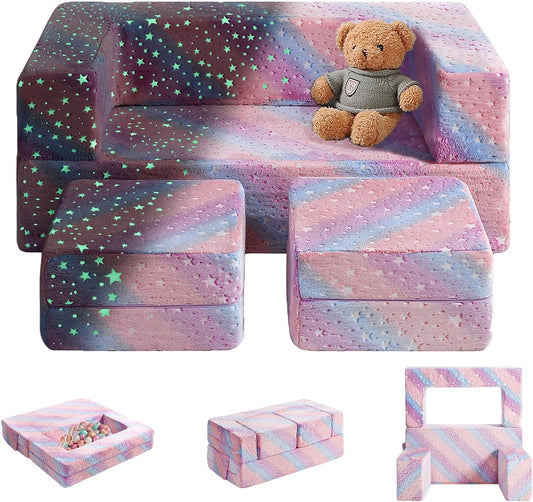 Magic Handle Kids Couch, Glow in The Dark Modular Kids Explore Sofa for Toddler 3 in 1 Fold Out Kids Toddler Sofa, Convertible Plush Toddler Couch with Washable and Durable Covers