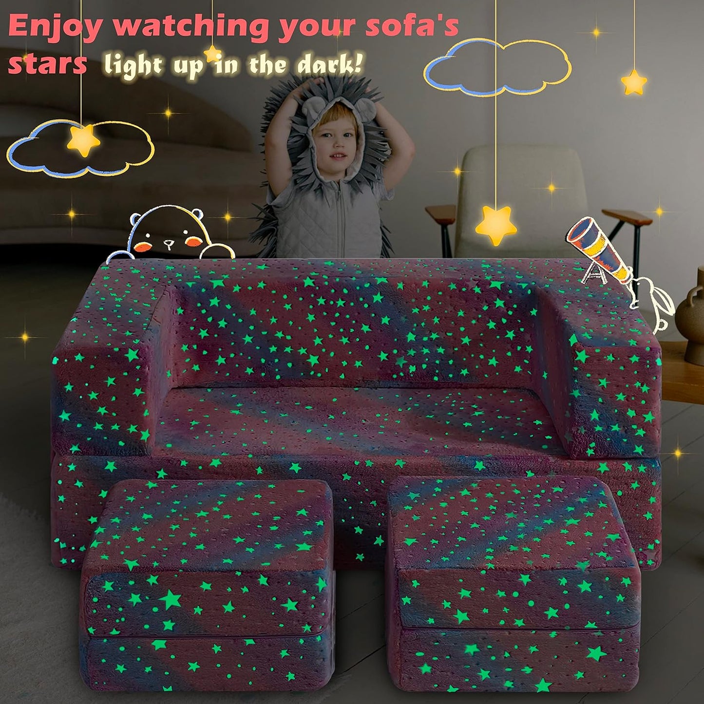 Magic Handle Kids Couch, Glow in The Dark Modular Kids Explore Sofa for Toddler 3 in 1 Fold Out Kids Toddler Sofa, Convertible Plush Toddler Couch with Washable and Durable Covers