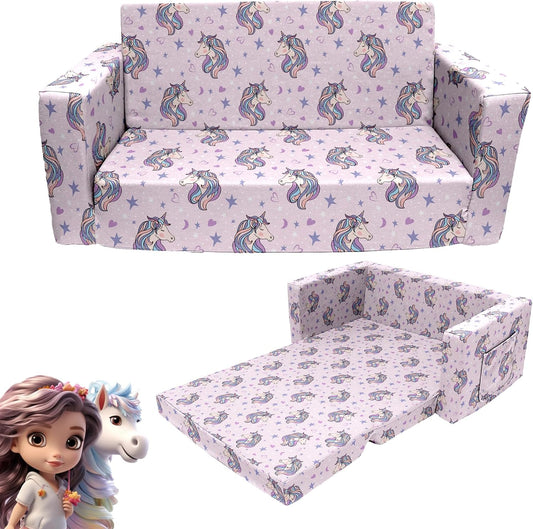 Magic Handle Kids Sofa, Children's Extra Wide Convertible Sofa to Lounger - Extra Soft 2 Seats 2 in 1 Flip Open Chair & Sleeper, Cute Dinosaur Print Toddler Chair Kids Couch for Kids Girls Boys