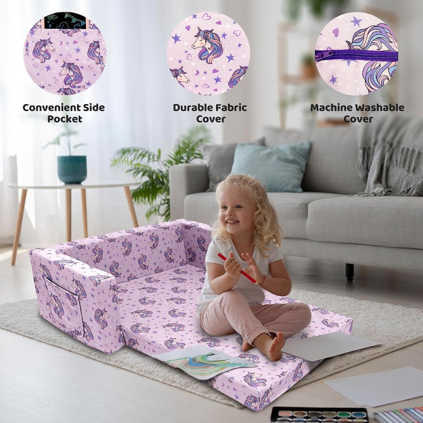 Magic Handle Kids Sofa, Children's Extra Wide Convertible Sofa to Lounger - Extra Soft 2 Seats 2 in 1 Flip Open Chair & Sleeper, Cute Dinosaur Print Toddler Chair Kids Couch for Kids Girls Boys