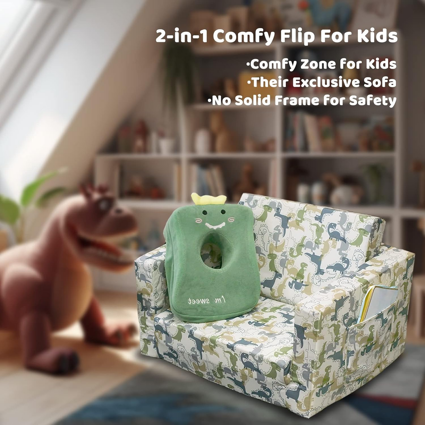 Magic Handle Kids Sofa, Children's 2 in 1 Convertible Sofa to Lounger - Extra Soft Flip Open Chair & Sleeper, Cute Dinosaur Print Toddler Chair Kids Couch for Kids Girls Boys