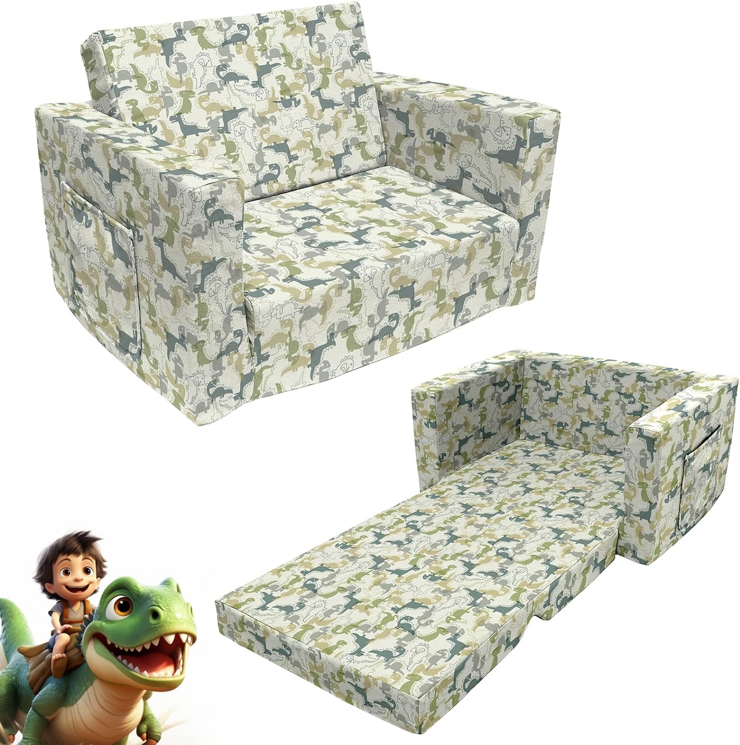 Magic Handle Kids Sofa, Children's 2 in 1 Convertible Sofa to Lounger - Extra Soft Flip Open Chair & Sleeper, Cute Dinosaur Print Toddler Chair Kids Couch for Kids Girls Boys