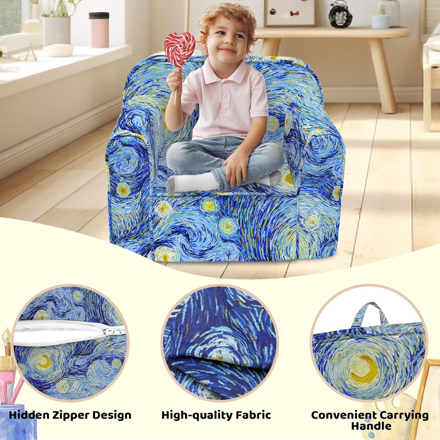 Magic Handle Toddler Chair Kids Armchair, Comfortable Art Children's Chair with Removable Cover Carrying Handle, Kids Sofa Toddler Couch Childrens Sofa for Boys and Girls (Starry Night)